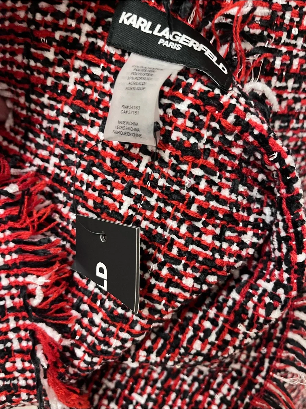 NWT Karl Lagerfeld Tweed Fringe Shawl - Red, White & Black with KARL Heart Patch